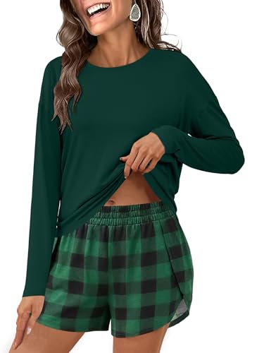 ANRABESS Womens Long Sleeve Striped Pajama 2 Piece Lounge Sets - color: Green Plaid, size: Medium