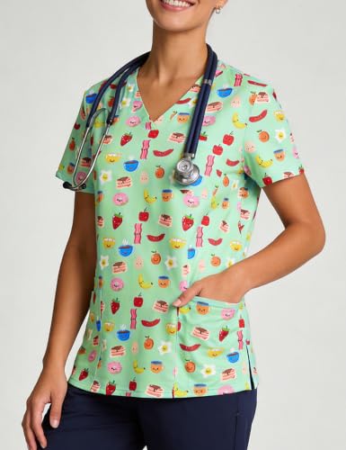 Women's Print Scrub Tops V Neck Short Sleeve Fun Scrubs Shirts - color: Breakfast, size: Medium