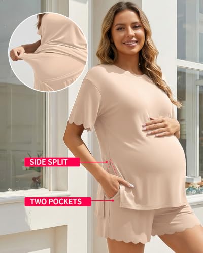 Charmo Two Piece Short Sets Women Scalloped Summer Maternity Outfits 2026 - color: Beige, size: X-Large