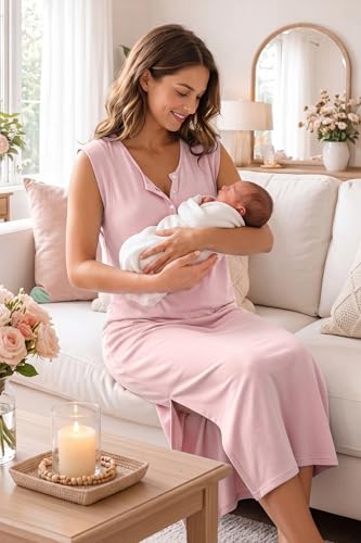OUGES Women's Anti-Wrinkle Airy Layer Summer Maternity Dress V Neck Split Midi Nursing Dresses with Pockets 2026 - color: Pink, size: Medium