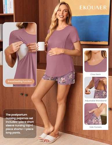 Ekouaer 3 Piece Maternity Nursing Pajamas Set Short Sleeve Breastfeeding Pjs - color: Pink Purple-flower, size: Medium