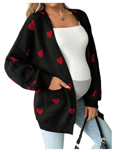 MakeMeChic Women's Maternity Heart Sweater Cardigan Fall Winter Clothes - color: Black and Red, size: Medium