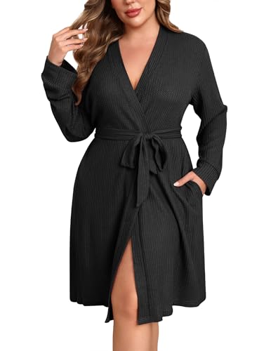 Ekouaer Women's Plus Size Robe Waffle Knit Bathrobe Short Lightweight Kimono Robes with Pockets Maternity Robe 1x-5x - color: Black, size: 4X