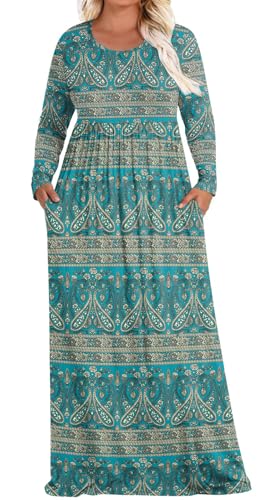 POPYOUNG Womens Plus Size Maxi Dresses Curvy Long Sleeve Fall Dress Outfits - color: Blue Khaki, size: 3X-Large