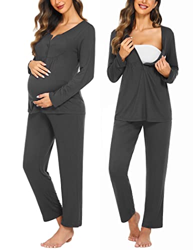 Ekouaer Maternity Nursing Pajama Set Long Sleeve Postpartum Pjs Mom Clothes - color: Grey, size: Medium