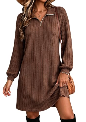 Halife Women's Fall Dresses Long Sleeve Tunic Sweater Dress with Zippers - color: Brown, size: X-Large