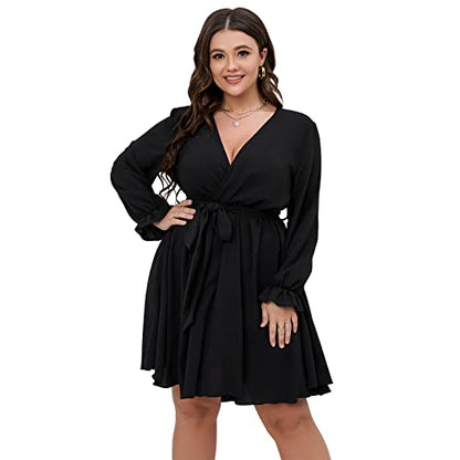 SCOMCHIC Women's Plus Size Long Sleeve Wrap V Neck A Line Mini Dress - color: Black, size: XX-Large Plus
