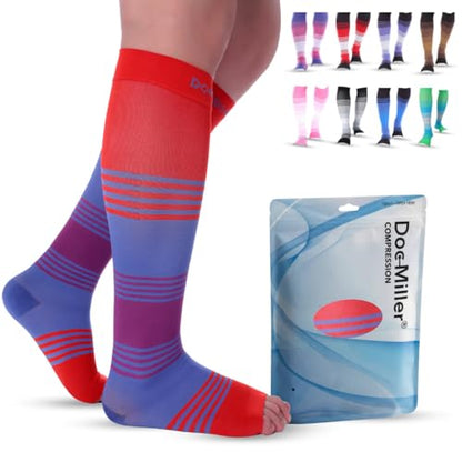 Doc Miller Open Toe Compression Socks 20-30 mmHg for Women & Men, 1 Pair - color: Open Toe RedBluePurple, size: Medium