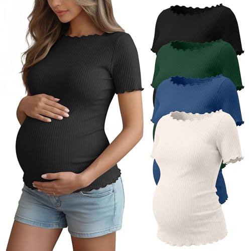 4 Pack Women's Maternity Ribbed Shirts - color: Black, Dark Green, Navy Blue, Cream, size: Small