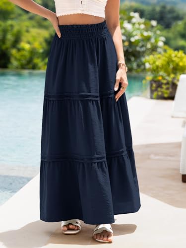 Simplee Womens Maxi Skirt Summer Long Flowy Tiered High Waisted A Line Smocked Beach Vacation Boho Skirts Wear with Pockets - color: Navy, size: Medium