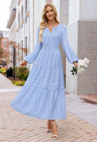 MEROKEETY Womens Fall Puff Long Sleeve Casual V Neck Modest Midi Maxi Dress - color: Blue, size: Medium
