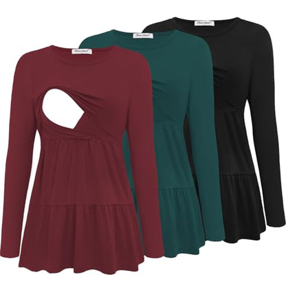 Bearsland Long Sleeve Nursing Top - color: Black & Dark Green & Dark Red, size: Large