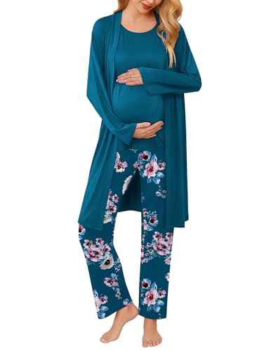 Ekouaer Maternity Pajamas Nursing Robe Set 3 Pieces Post Partum Lounge Sets - color: Lake Blue, size: Small
