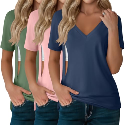 3 Pack Women's Nursing Tops Breastfeeding Shirts - color: Apple Green, Light Pink, Haze Blue, size: Medium