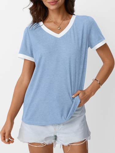 AUTOMET Womens Short Sleeve T-Shirts V Neck Summer Tops Comfy Clothes 2026 - color: Blue, size: X-Large