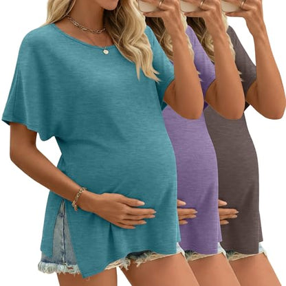 Riyiper 3 Pack Women's Maternity Tunic Cotton Shirts - color: Blue Green, Purple, Coffee Grey, size: Medium
