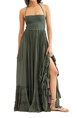 R.Vivimos Womens Summer Boho Sexy Backless Long Dresses - color: Army Green, size: Small