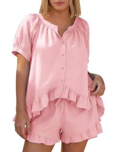 Kissonic Womens Pajamas Set 2 Piece Cotton Ruffle Summer Shorts Sets - color: Pink, size: Small