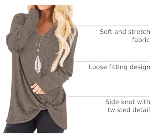 SimpleFun Womens Tops Long Sleeve Shirts V Neck Loose Twist Knot Fall Tunic - color: 02-coffee, size: X-Large
