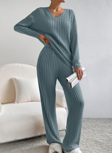 SHEWIN Women's Pajama Sets Ribbed Knit 2 Piece Lounge Sets - color: B Dusk Blue, size: Small