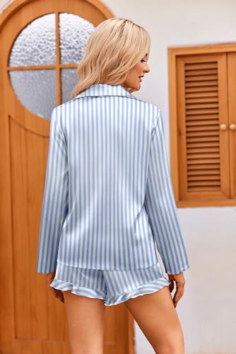 Ekouaer Womens Satin Pajama Sets Cute Button Down Silk Pjs with Ruffle - color: Striped Blue, size: Small