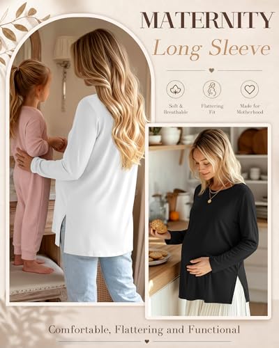 Riyiper 3 Pack Women Maternity Shirts Long Sleeve Pregnancy Tops - color: Black,coffee, White, size: Large