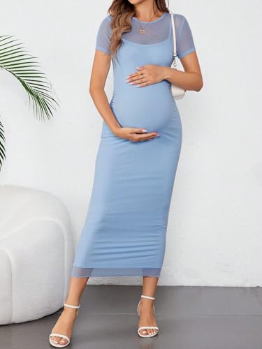 OYOANGLE Women's Maternity Mesh Sheer Short Sleeve Midi Dress - size: X-Large