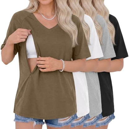 4 Pack Women's Nursing Short Sleeve Shirts - color: Light Brown, White, Light Gray, Black, size: Small