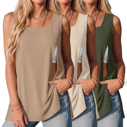 3 Pack Women's Nursing Tank Shirts - color: Khaki, Cream, Army Green, size: Medium