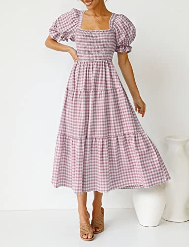 ZESICA Women's Summer Boho Gingham Puff Sleeve Square Neck Beach Midi Dress - color: Taro, size: Large