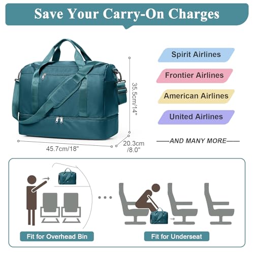 Travel Duffel Bag,Carry-On Overnight Weekender Bags with Shoes Compartment - color: Peacock Blue, size: Small