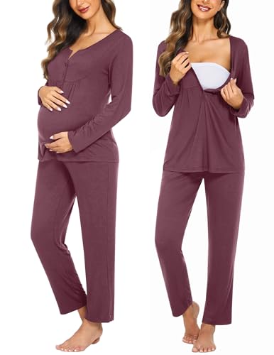 Ekouaer Maternity Nursing Pajama Set Long Sleeve Postpartum Pjs Mom Clothes - color: Burgundy, size: Medium