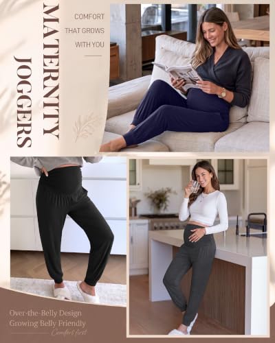 Neer 3 Pack Maternity Joggers Lounge Sweatpants with Pockets - color: Black, Dark Heather Gray, Navy Blue, size: Medium