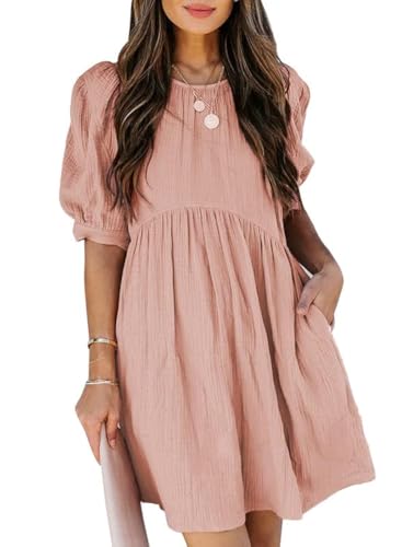 Dokotoo Womens Summer Crewneck Puff Sleeve Babydoll Mini Dress - color: 1 Pink, size: Large