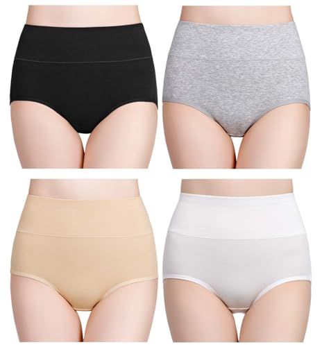 wirarpa Women's Cotton Underwear High Waisted Ladies Panties Full Coverage Briefs 4 Pack (Regular & Plus Size) - color: Black/White/Gray/Beige - Set 7, size: 4X-Large