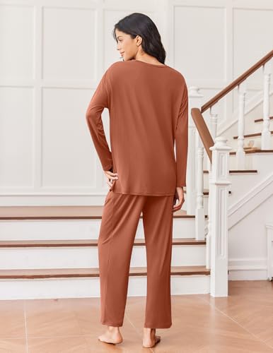 Ekouaer Lounge Sets for Women Long Sleeve Pajamas Fall Loungewear - color: Camel, size: Medium