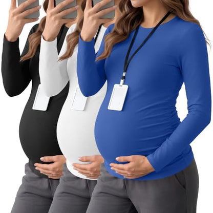Neer 3 Pack Maternity Under Scrub T Shirt Long Sleeve Undershirt - color: Black, White, Sapphire Blue, size: XX-Large