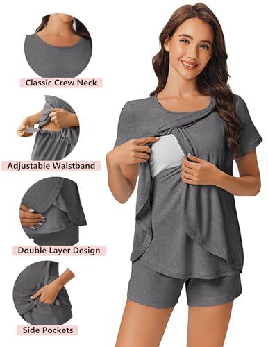 Ekouaer 3 PCS Maternity Nursing Pajamas Set Postpartum Breastfeeding PJS - color: Grey, size: Large