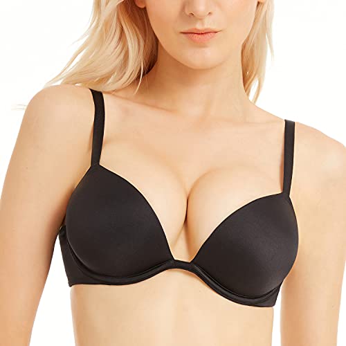 Wingslove Women's Push Up Bra Deep V Plunge Underwire T-Shirt Bra Multiway 2 Cups Up - color: Black, size: 32A
