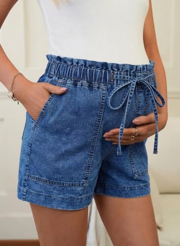 BLENCOT Maternity Jeans Shorts High Rise Stretchy Drawstring Postpartum - color: Azure Blue, size: XX-Large