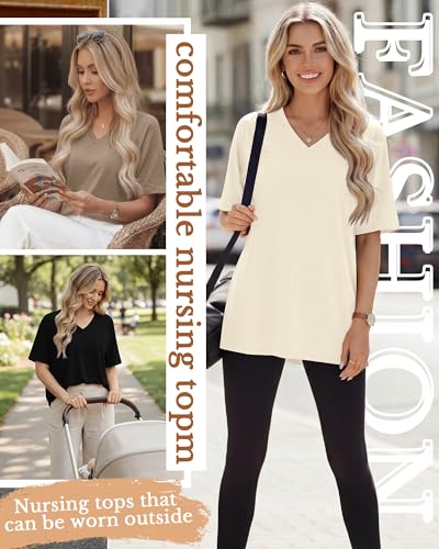 4 Pack Women's Nursing Short Sleeve Shirts - color: Cream, Khaki, Light Brown, Black, size: XX-Large