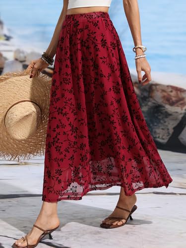 ELLEVEN Women’s Boho Floral Mesh Maxi Skirt - color: Burgundy, size: Small