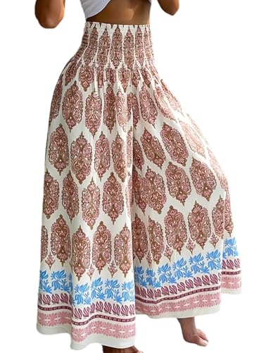 CHICME Womens Boho High Waisted Wide Leg Palazzo Pants Beach Vacation Wear - color: Pink, size: Small
