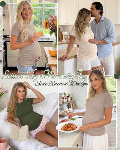 Xaatren 3 Pack Women's Maternity Short Sleeve Shirts - color: Camel, Beige, Army Green, size: Medium