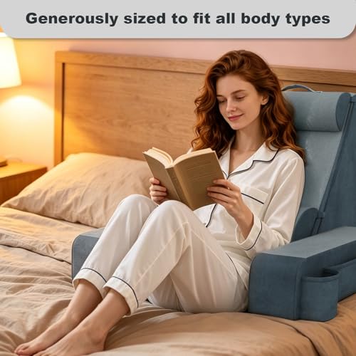 COZEER Reading Pillow, Back Pillow for Bed with Adjustable Headrest & Independent Lumbar Support, Detachable Armrest Sit Up Pillow for Bed, Dual Side Storage Pockets for Reading