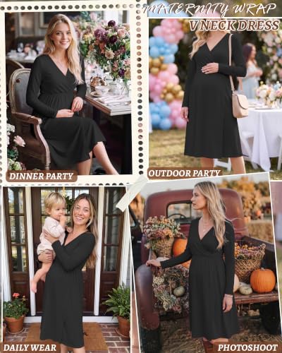 Locoowai Maternity Wrap Long Sleeve Dress V Neck Fall Dress - color: Black, size: Large