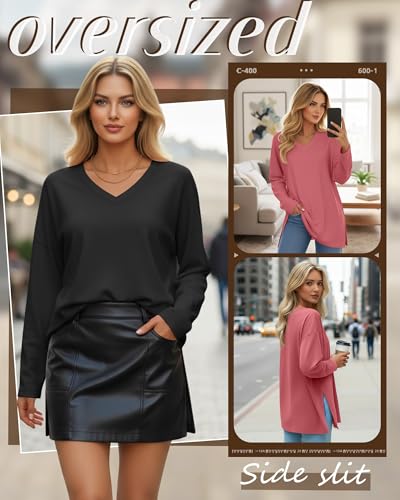 Huukeay 3 Pack Women's Oversized Long Sleeve V Neck Shirts - color: Black, Brick Red, Gray Green, size: Medium