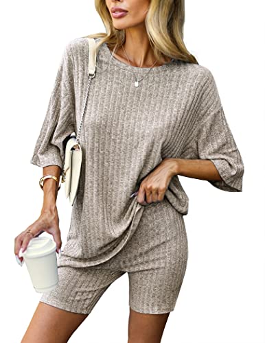 Ekouaer Women 2 Piece Lounge Sets Ribbed Knit Oversized Shirt Biker Shorts - color: Camel, size: Small
