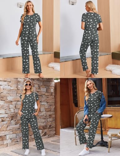 Ekouaer 3 Piece Maternity Nursing Pajamas Set Short Sleeve Breastfeeding Pjs - color: Grey Stars, size: Medium