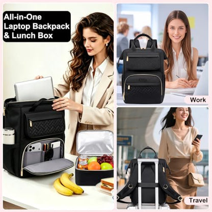 Lunch Backpack For Women, 15.6 Inch Laptop Backpack with Lunchbox - color: Black